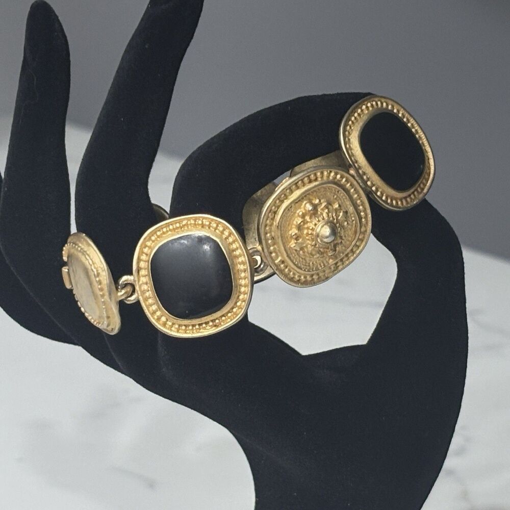 Vintage Etruscan Revival Bracelet Gold Tone Black Enamel Chunky Medallion 7"